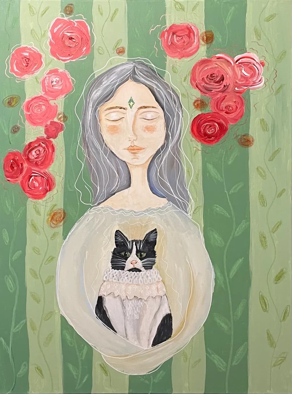 Girl with Cat and Roses