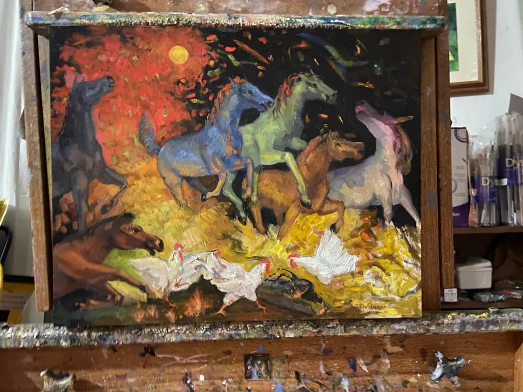 Horses and Chickens in Autumn Fire