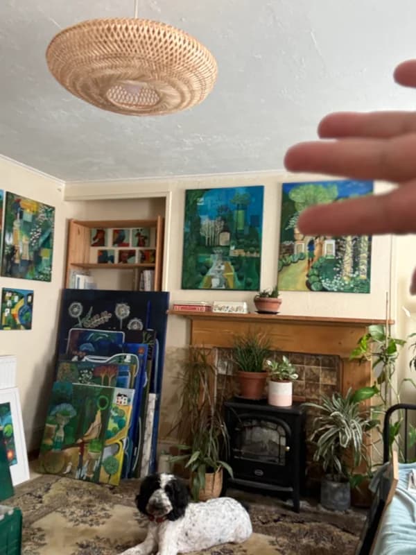 Here's my studio, complete with constant companion...the adorable