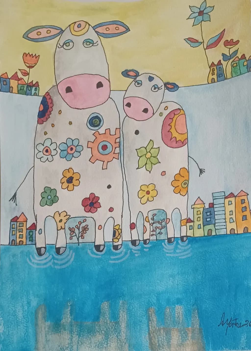 Floral Cows by the Water