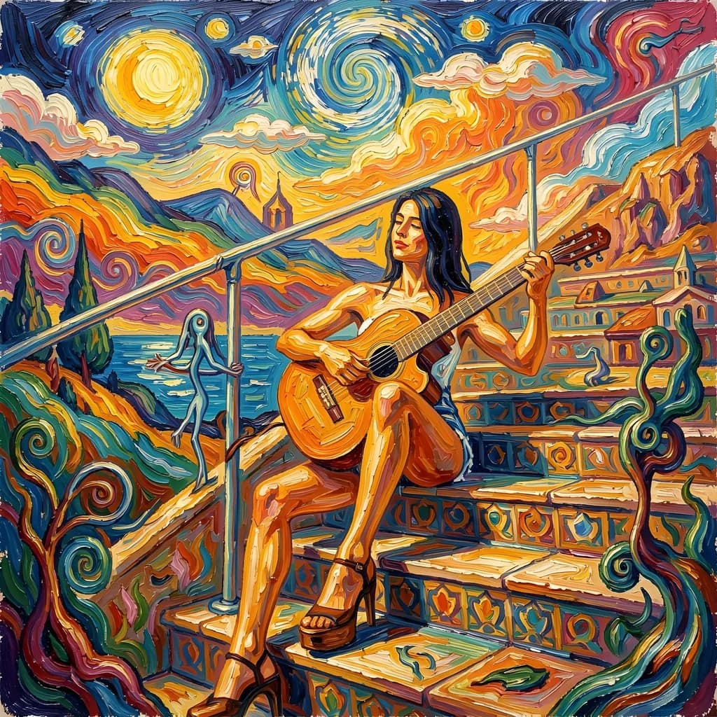 Guitar on Stairs Sunset