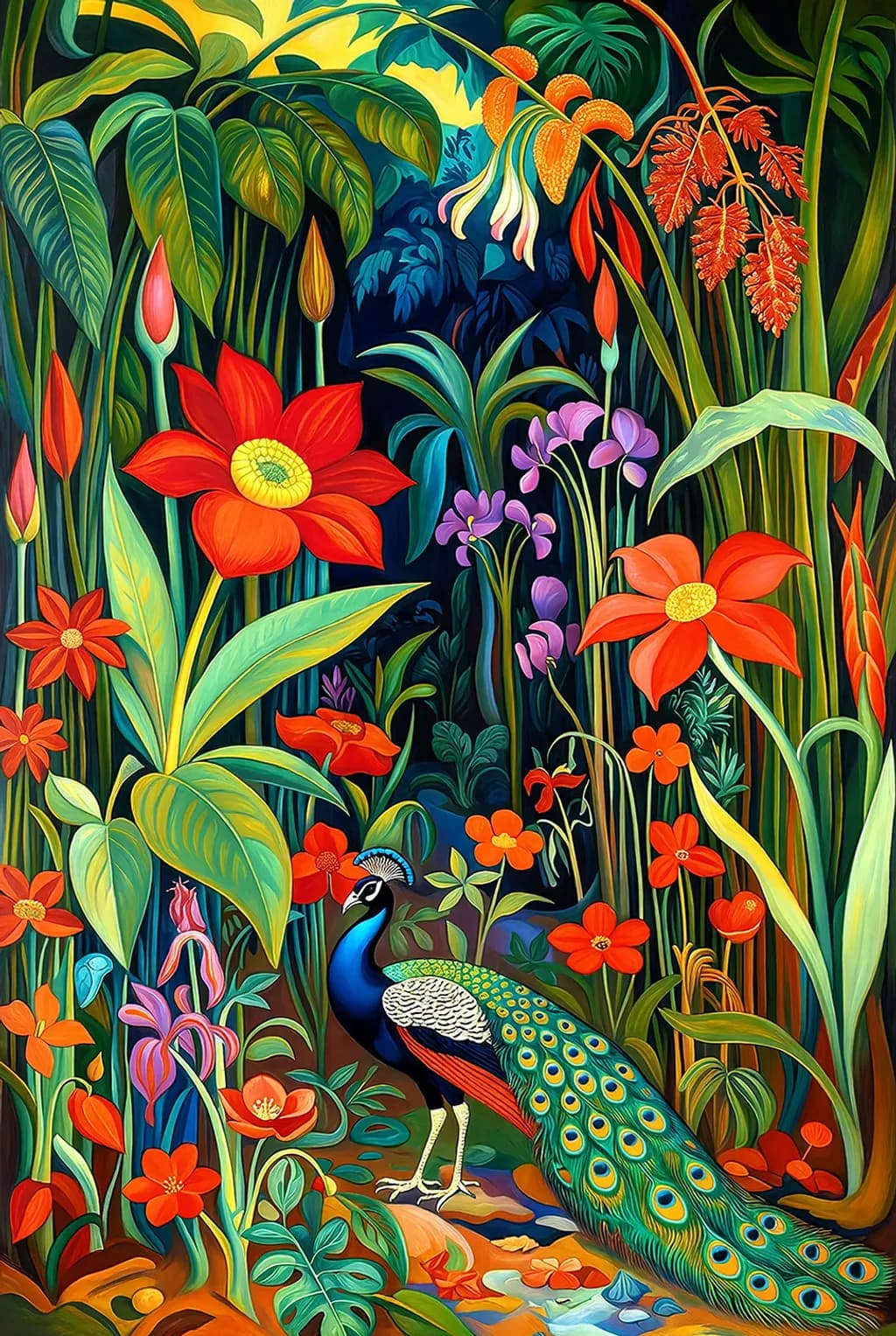 Jungle Peacock and Flowers
