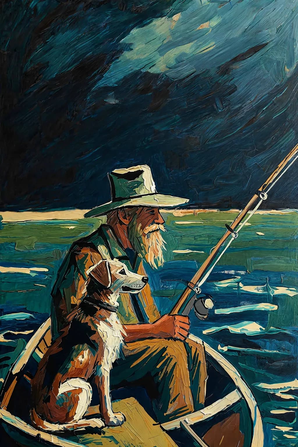 Fisherman and Dog in Boat