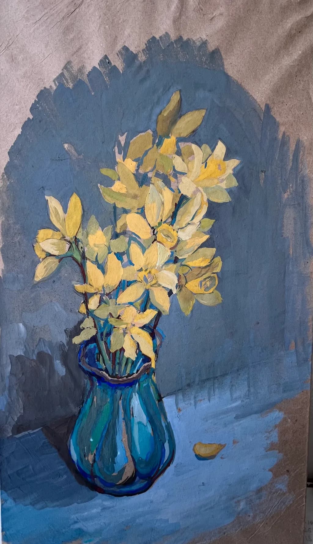 Yellow Blooms in Blue Vase