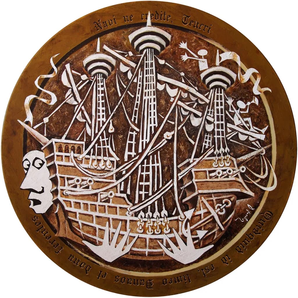 Gift (Voyage of the Teucri). 2013. Canvas, oil. Diameter 80 cm