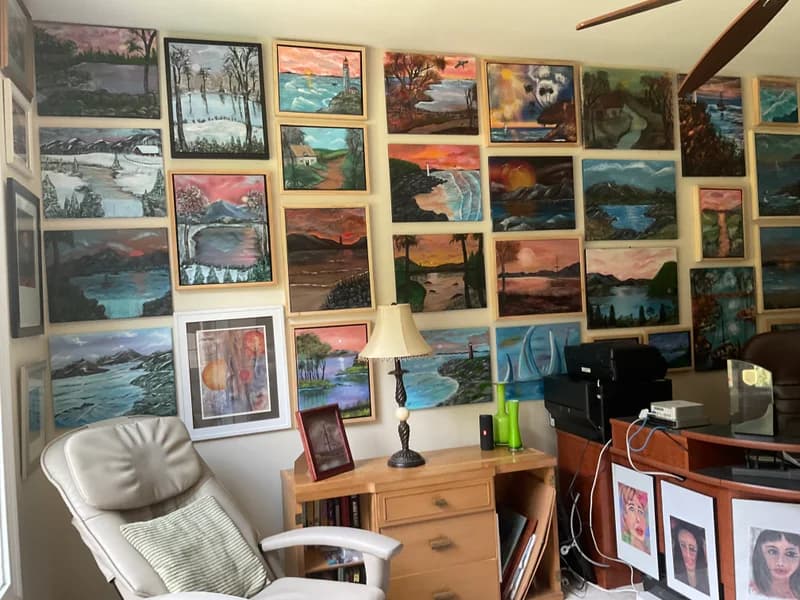 Small portion of my home studio…I have 150 paintings hanging