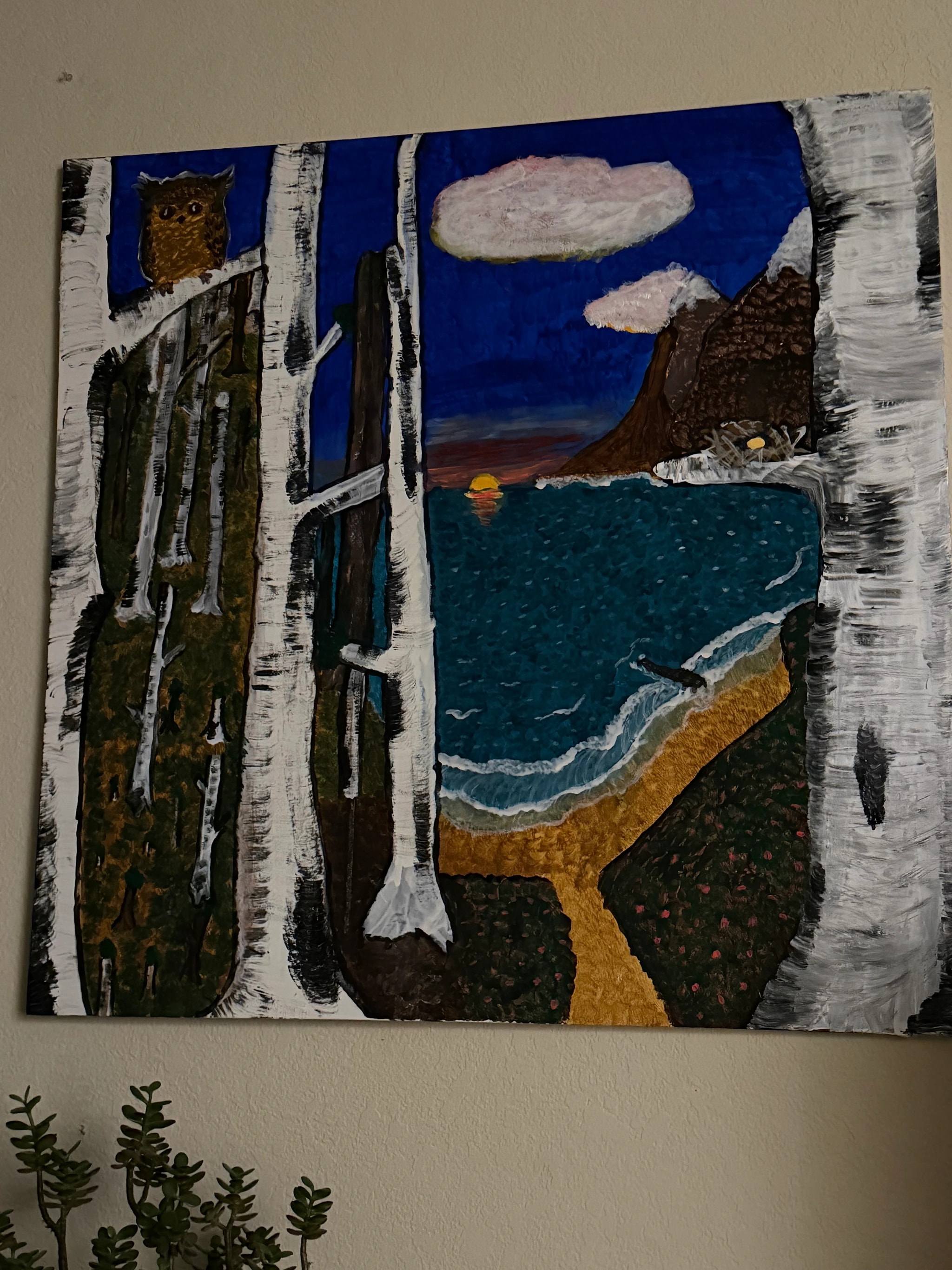 Birch-Framed Coastal Sunset