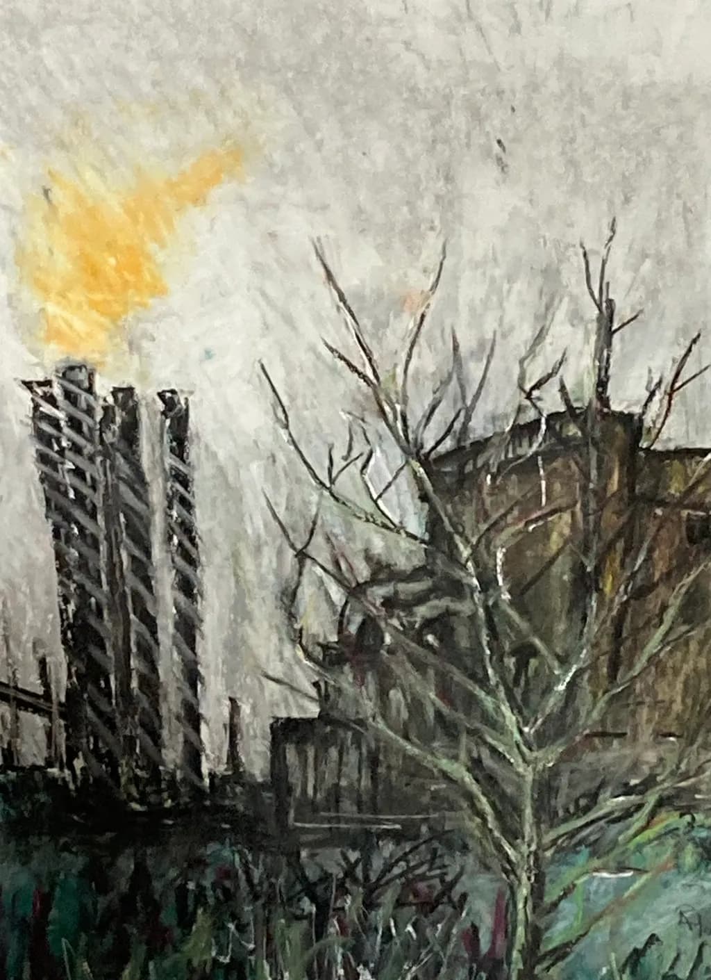 Industrial Smokestacks and Bare Tree