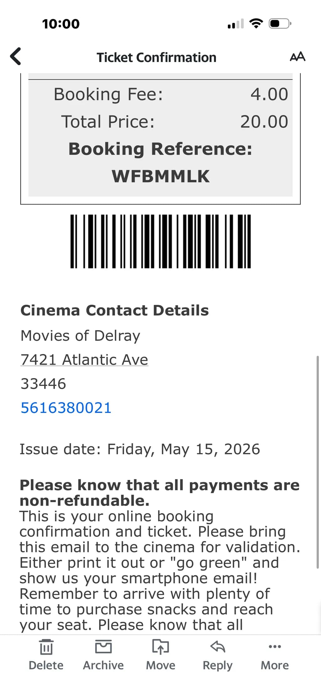 Cinema Ticket Confirmation