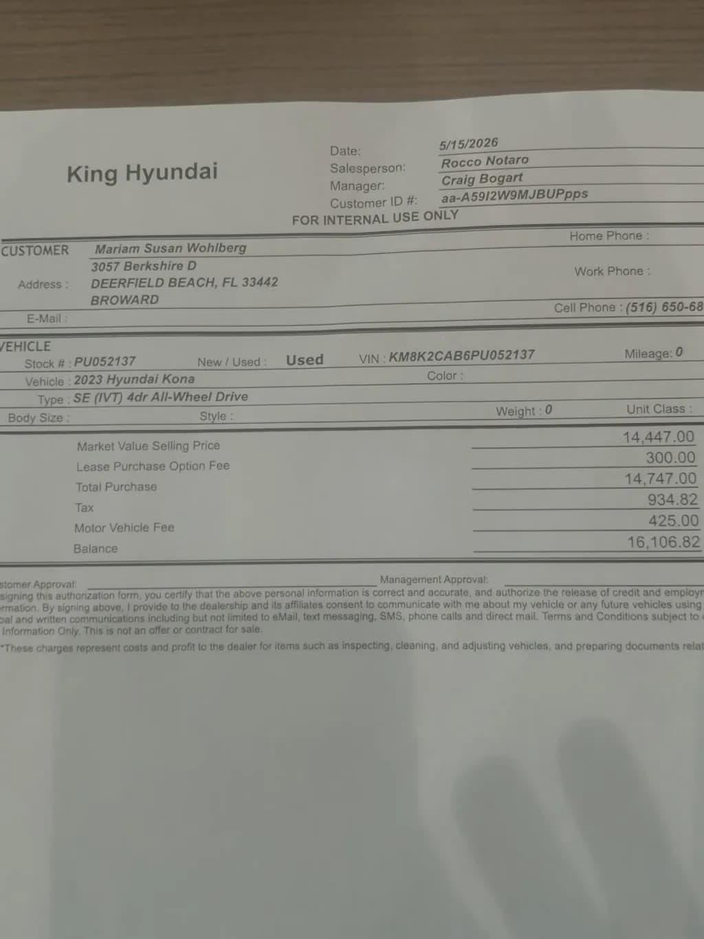 Hyundai Kona Purchase Summary