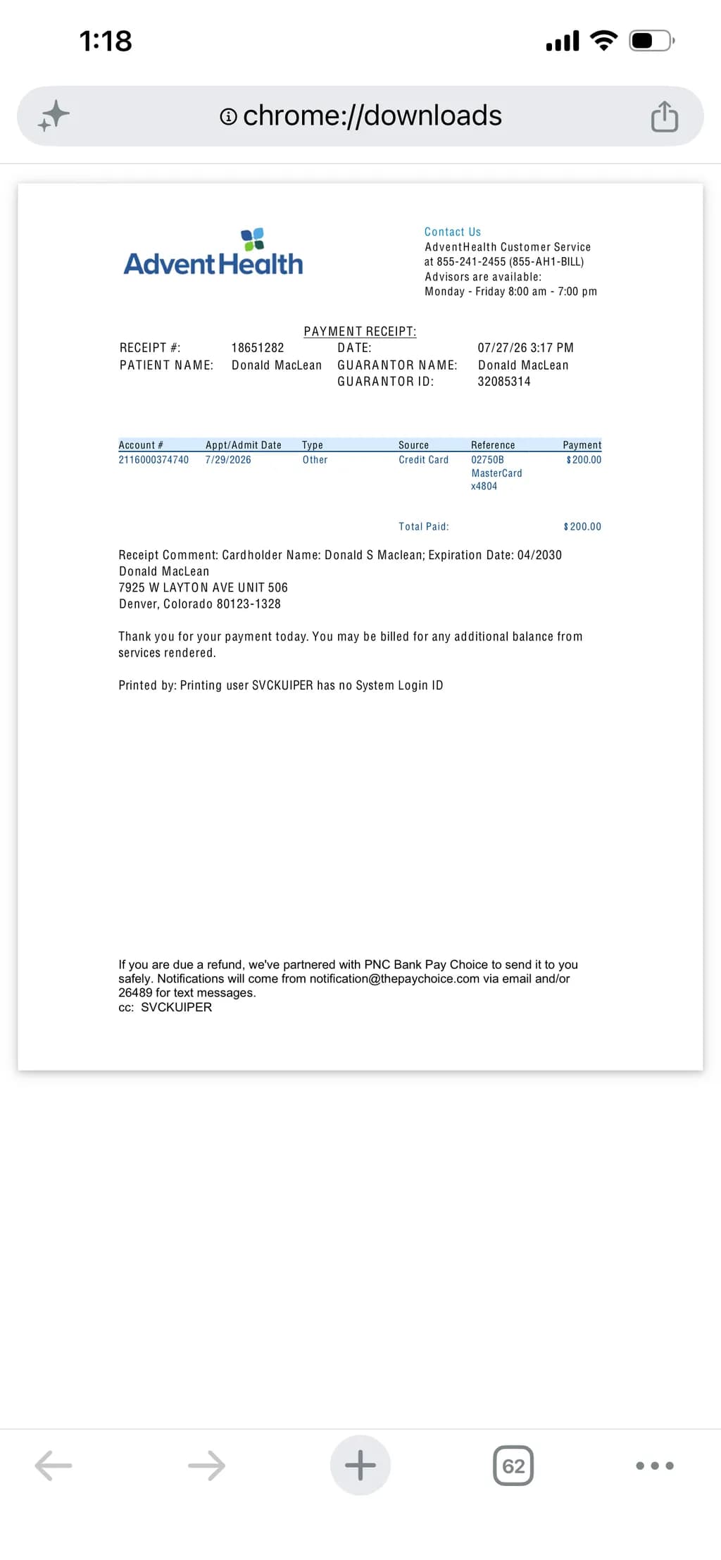 AdventHealth Receipt