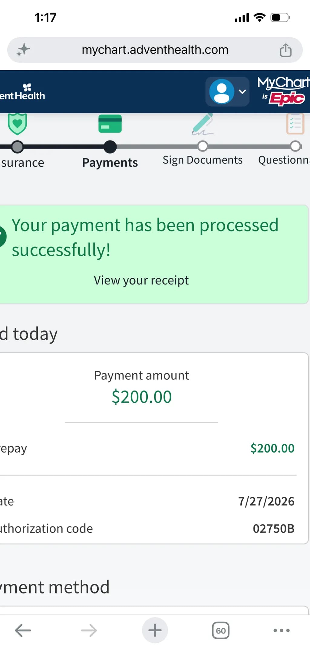 Payment Confirmation Screen
