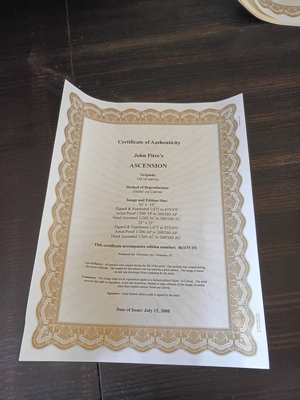 Ascension Certificate