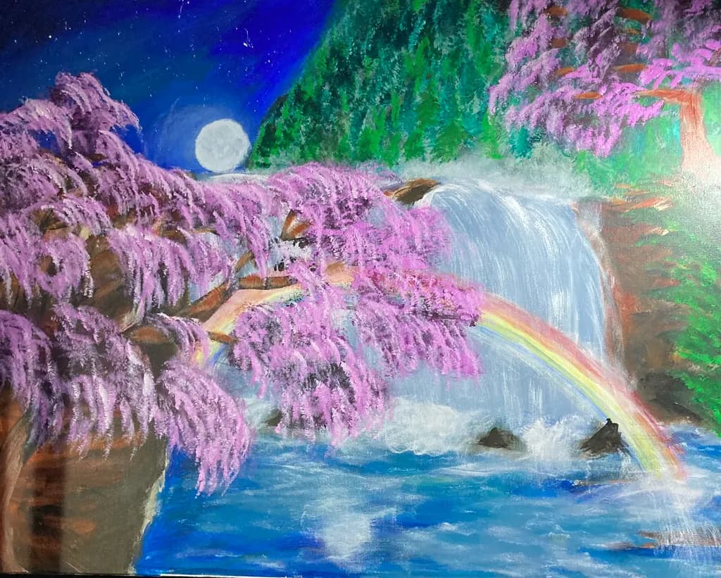 Moonlit Waterfall with Rainbow and Blossoms