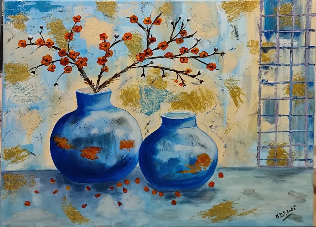Blue Vessels with Blooms