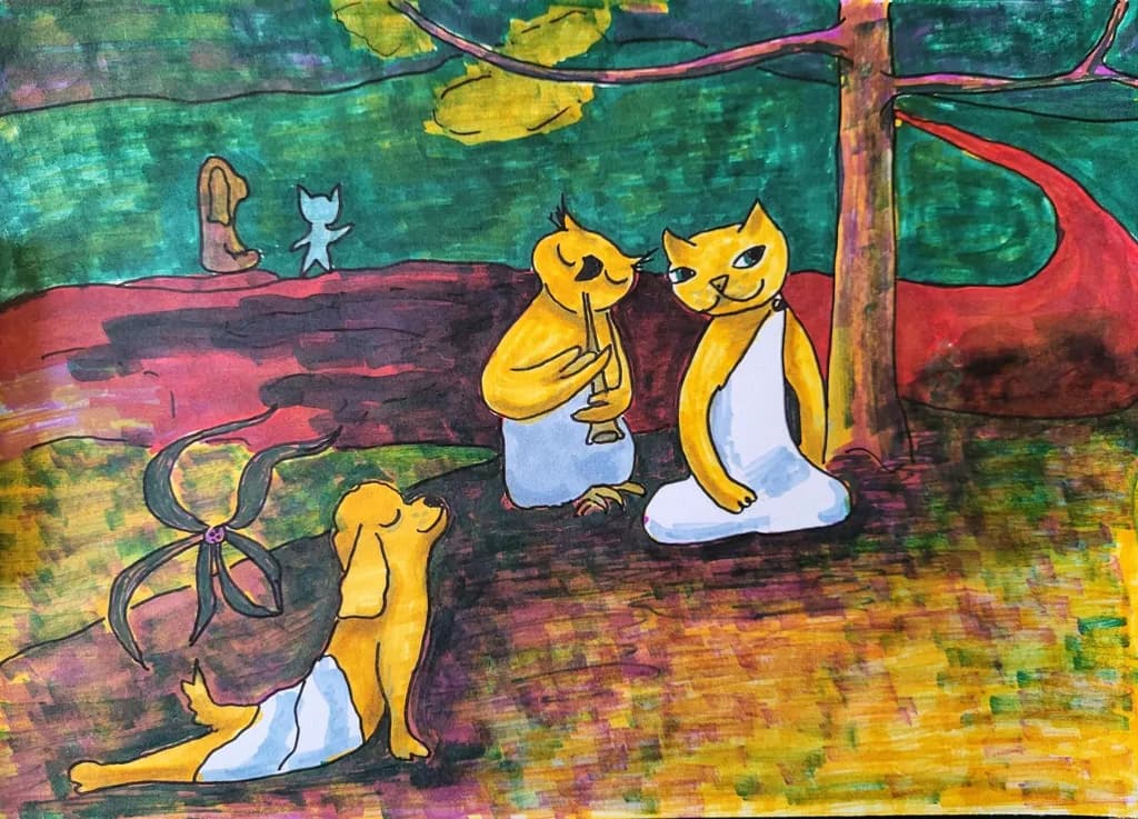 Cats and Dog Under Tree