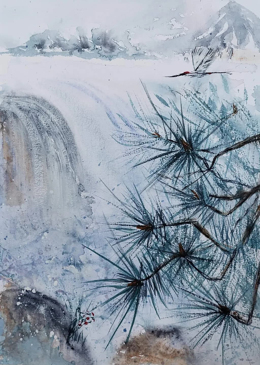 Pine and Waterfall Scene