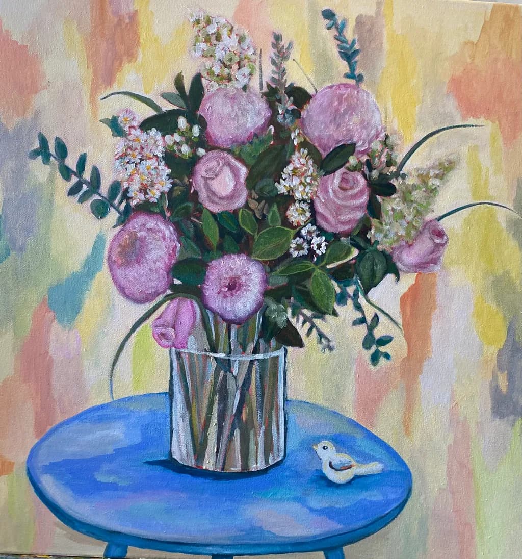 Pink Flowers on Blue Table