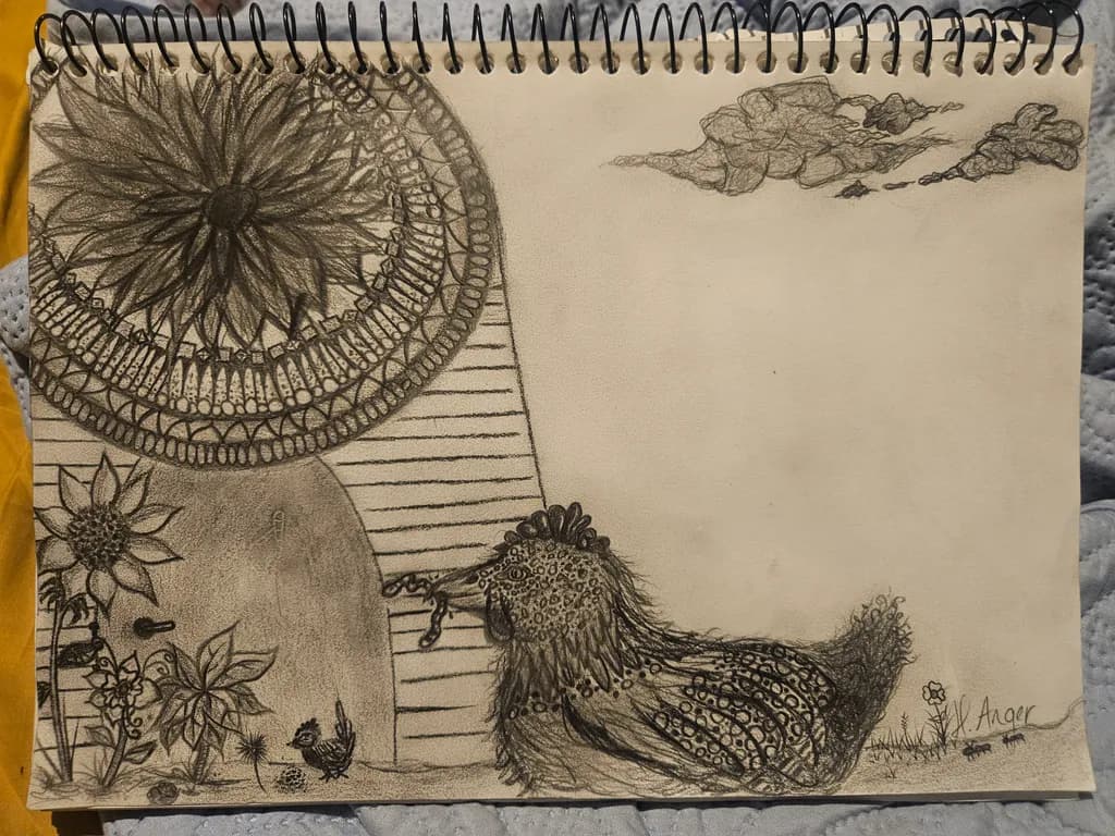 Curious Hen and Sunflower