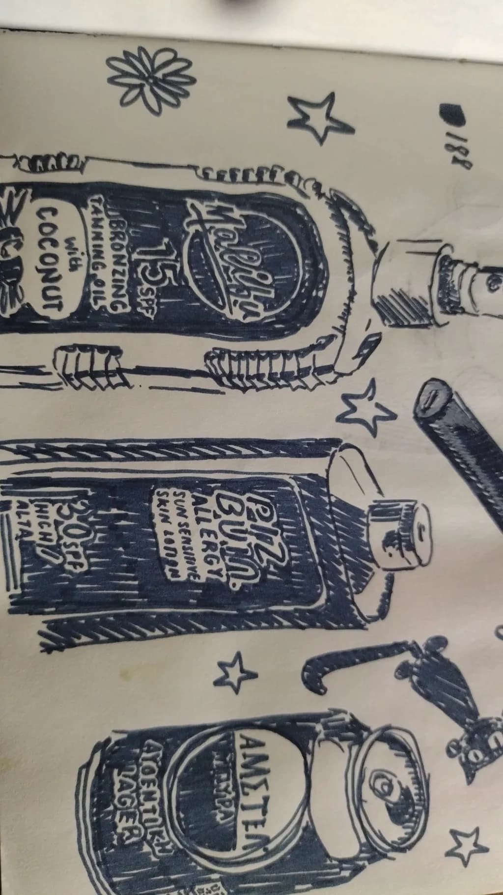 Sketch of Sunscreen and Aftershave Bottles