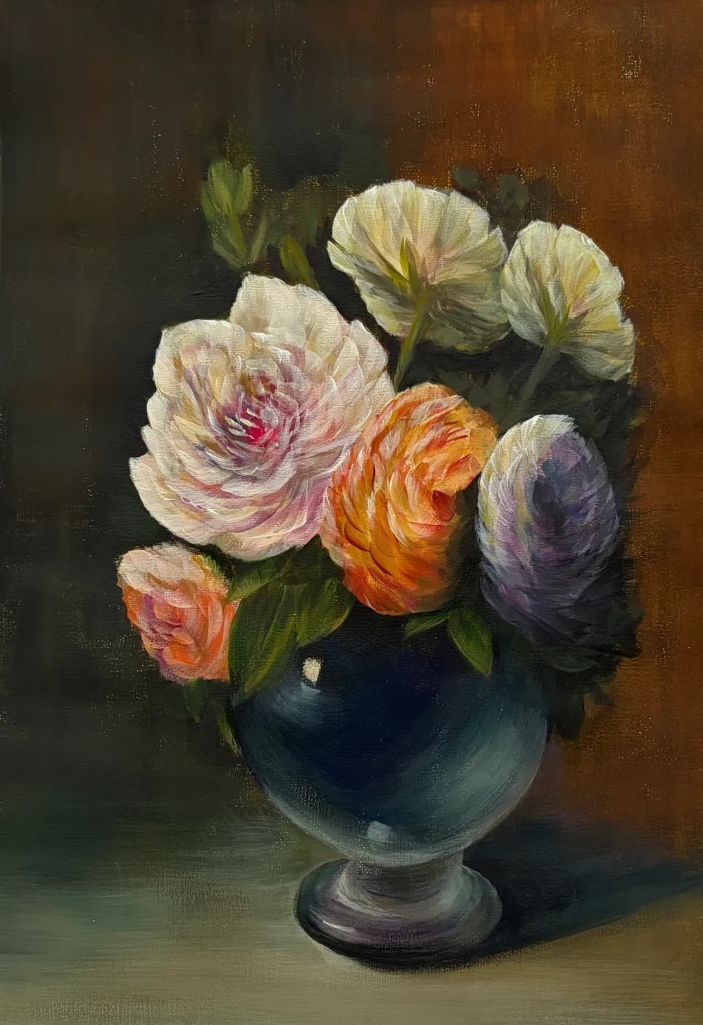 Ranunculus and Roses in Vase