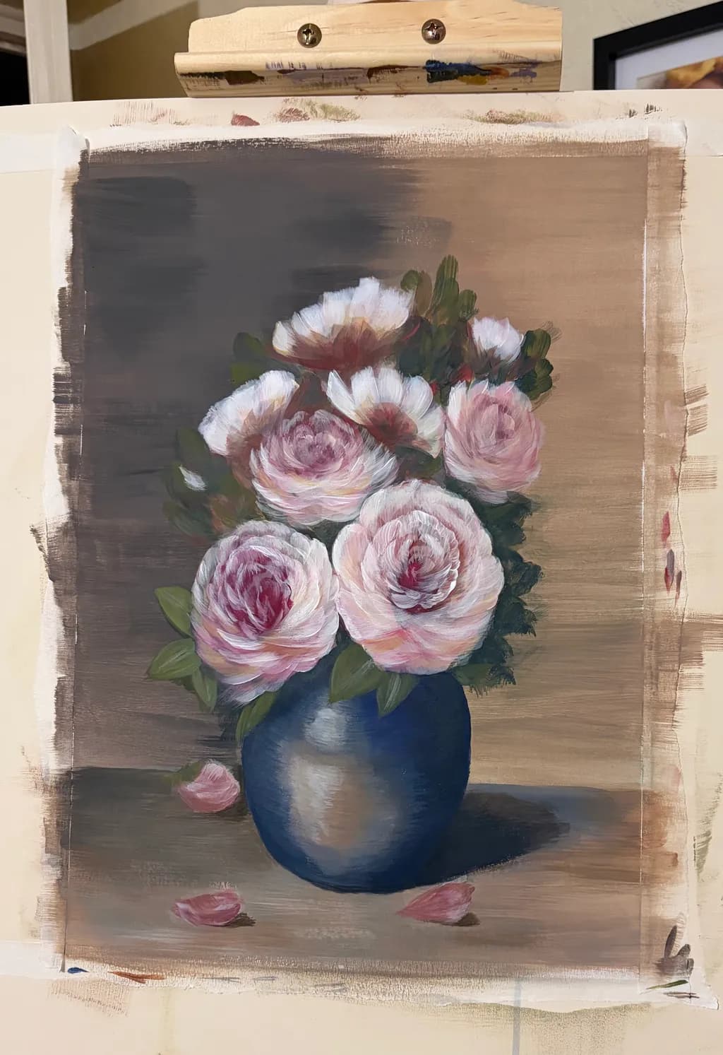 Blush Roses in Blue Vase