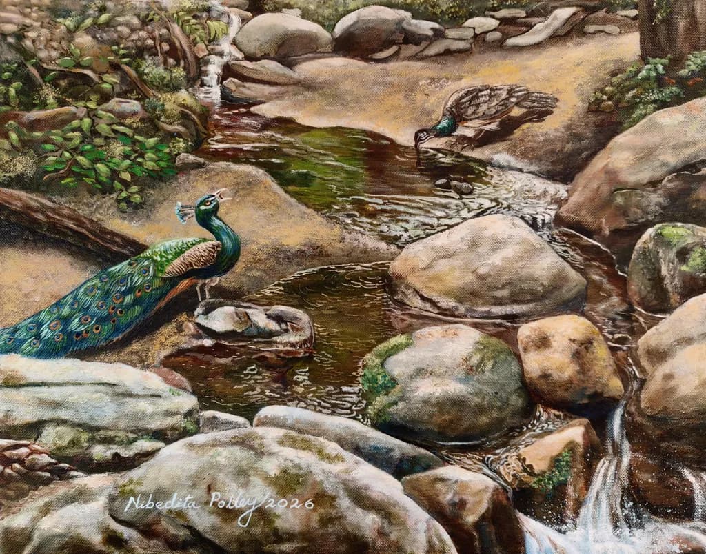 Peacocks by the Stream