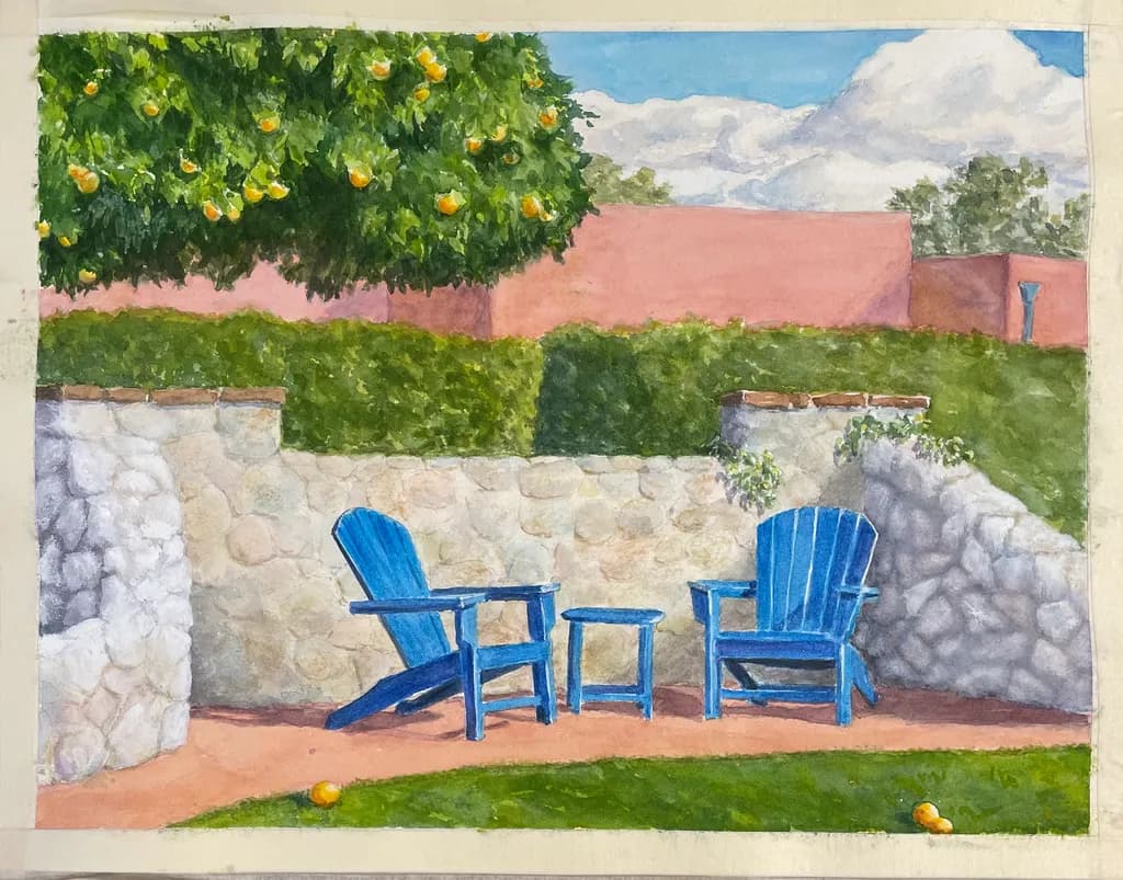 Blue Chairs Under Orange Tree