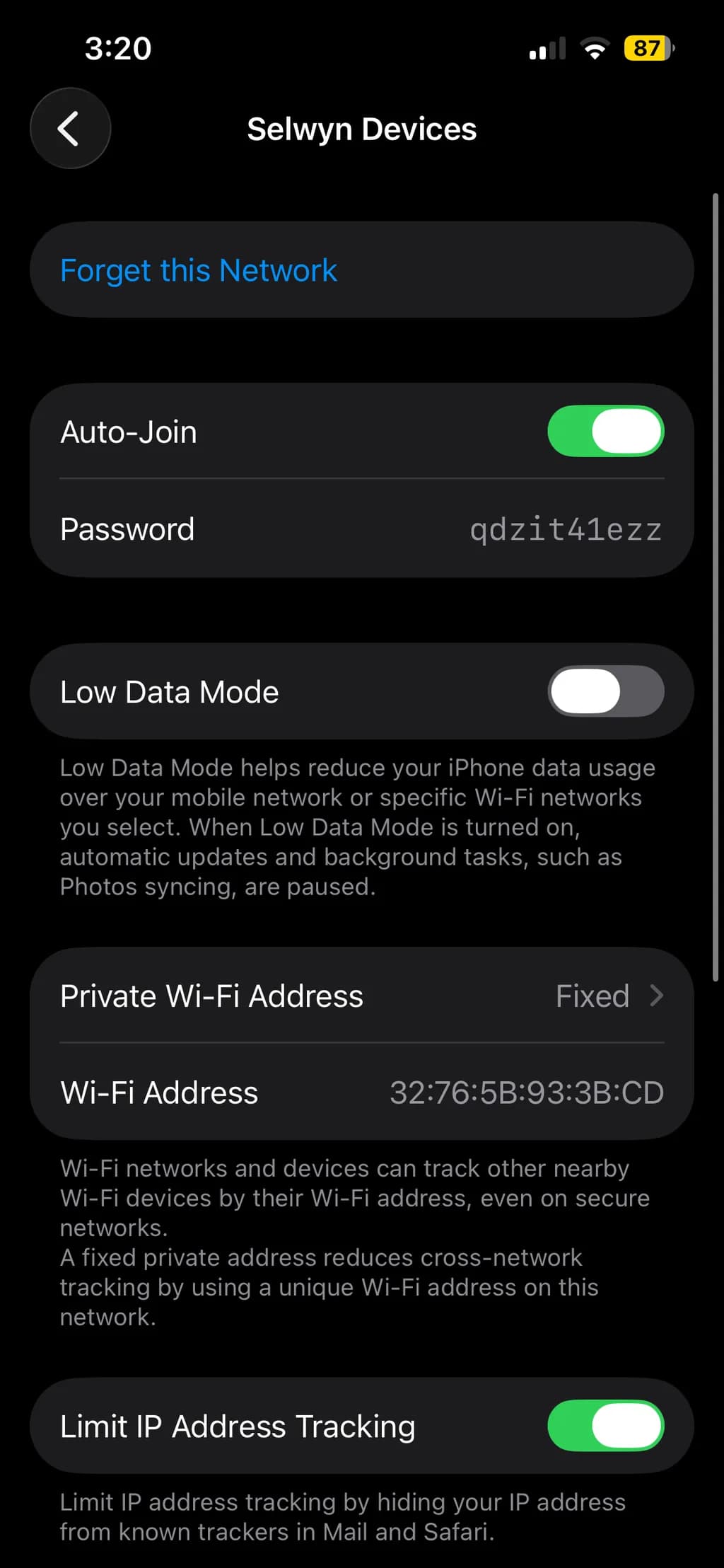 Network Settings Snapshot