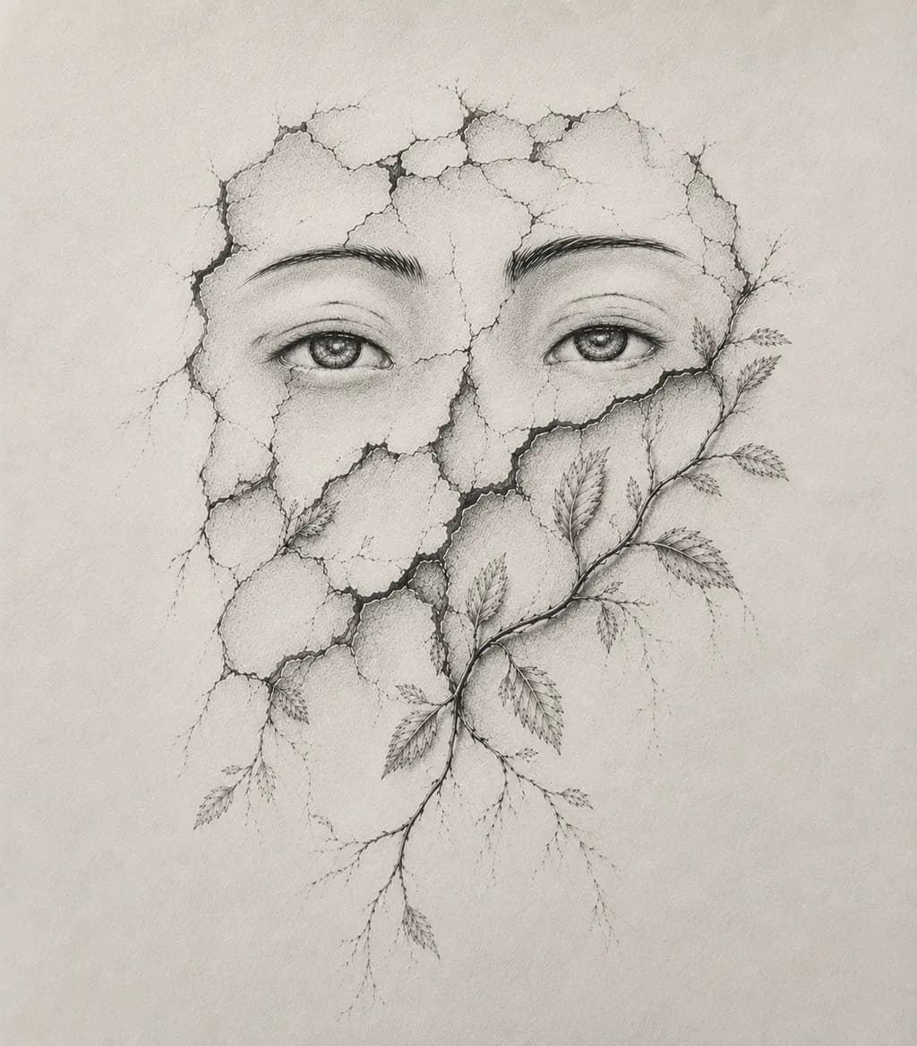 Cracked Face with Leaves
