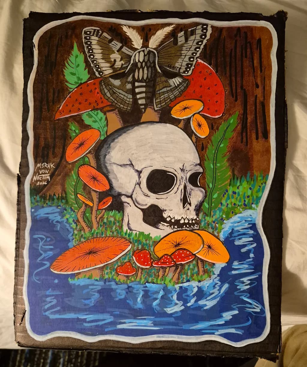 Moth and Mushrooms Skull