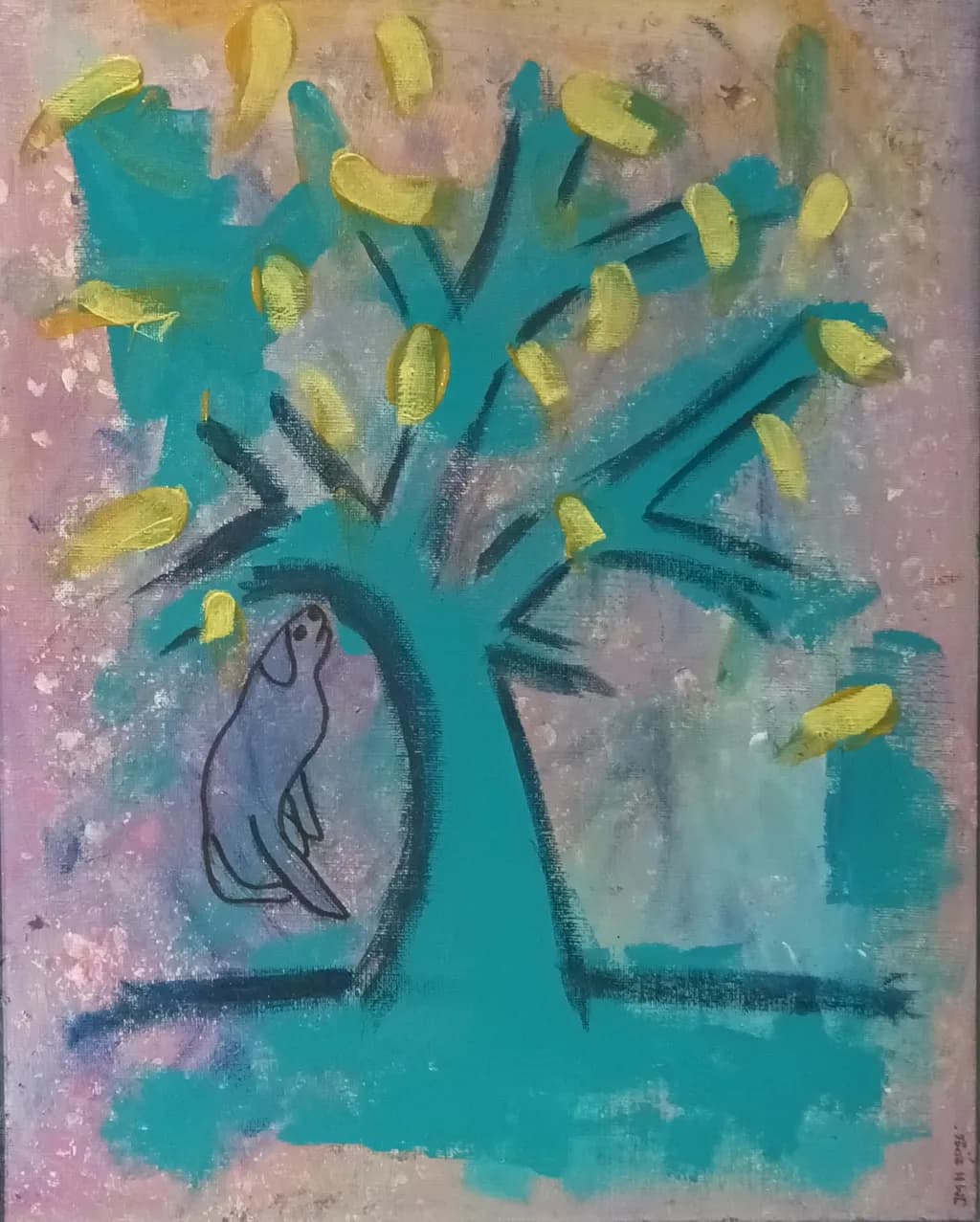Blue Dog Under Tree With Yellow Birds