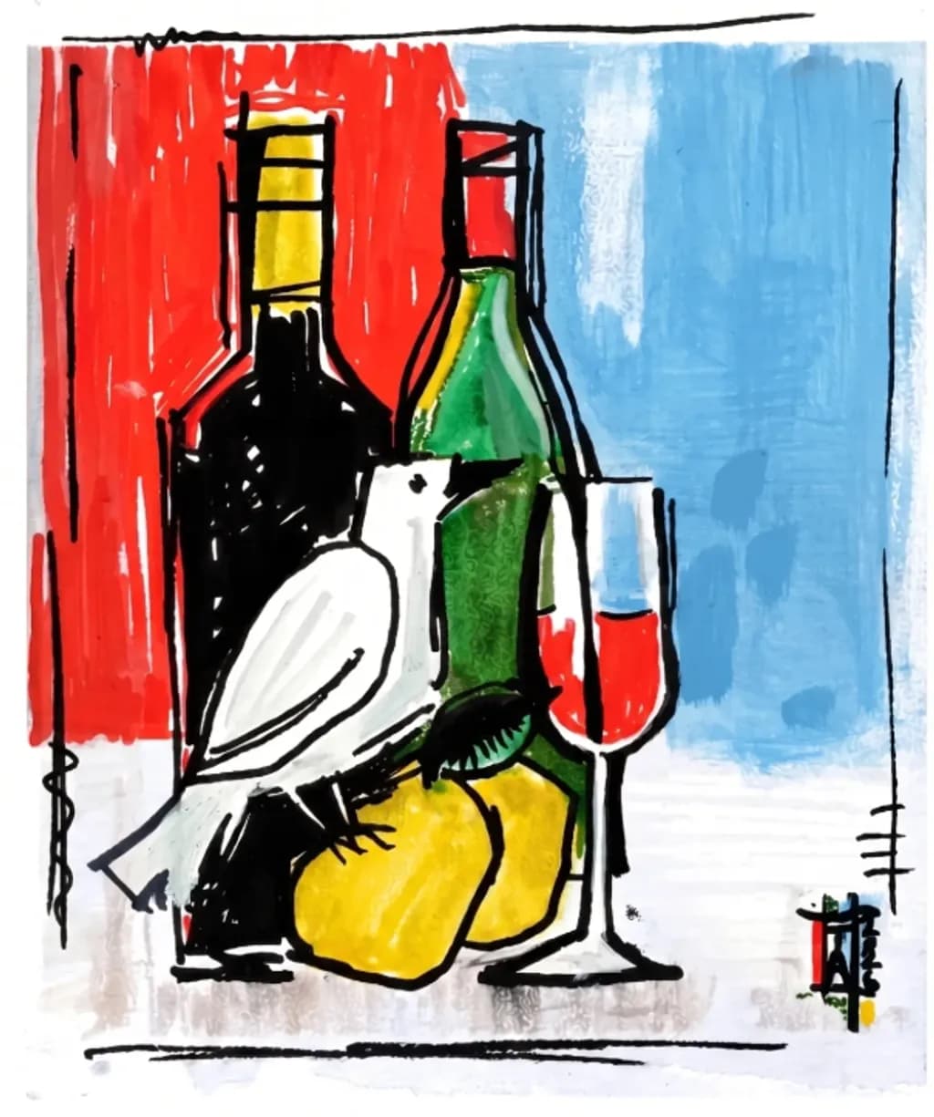 Wine Bottles with Bird and Fruit