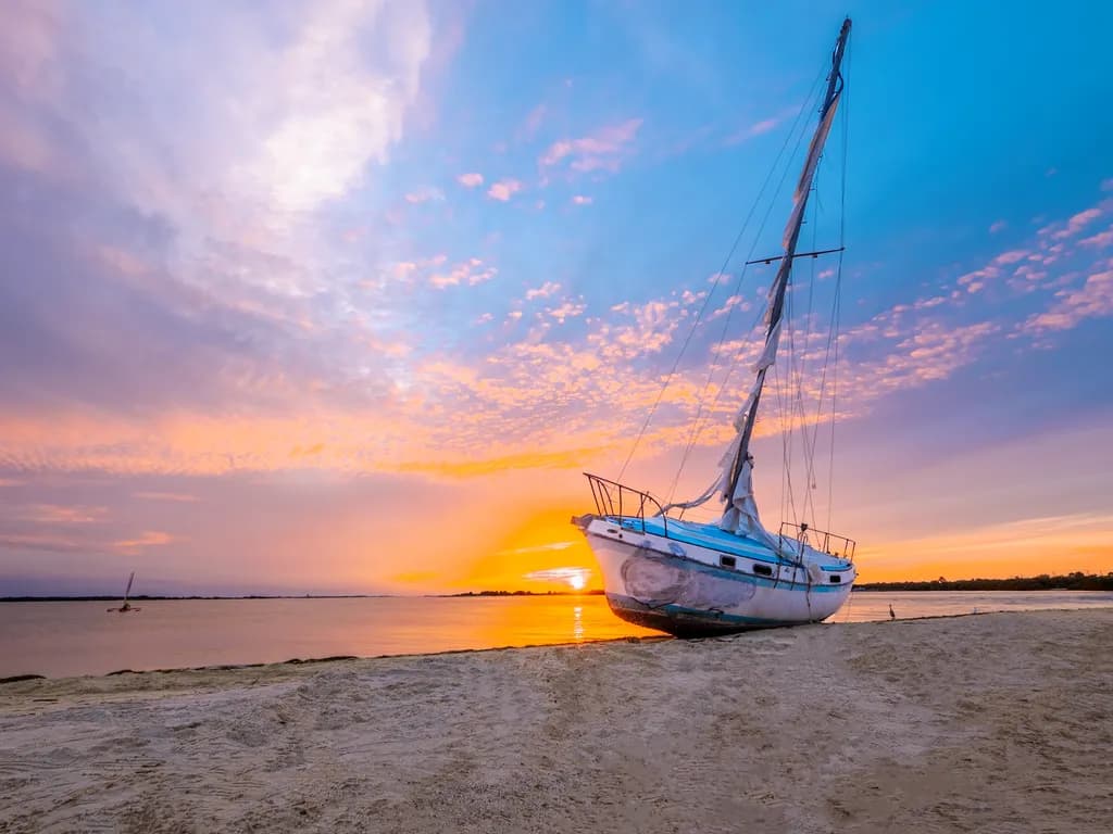 Beached Sailboat at Sunset