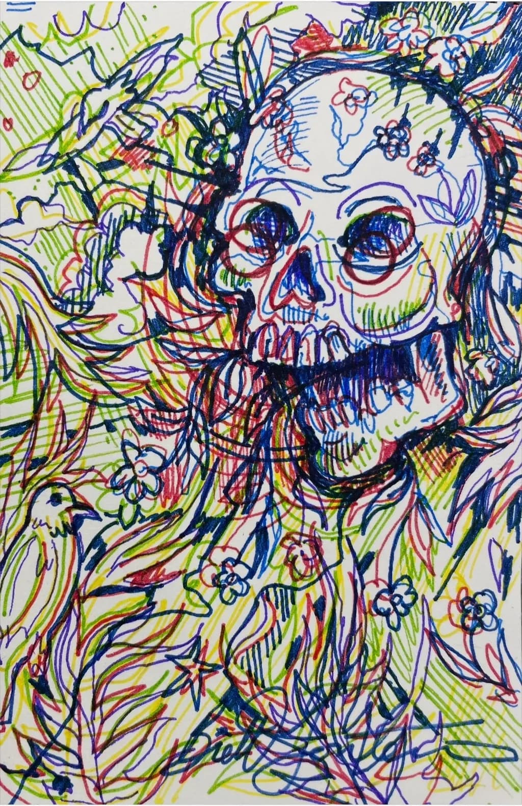 Skull with Flowers and Bird