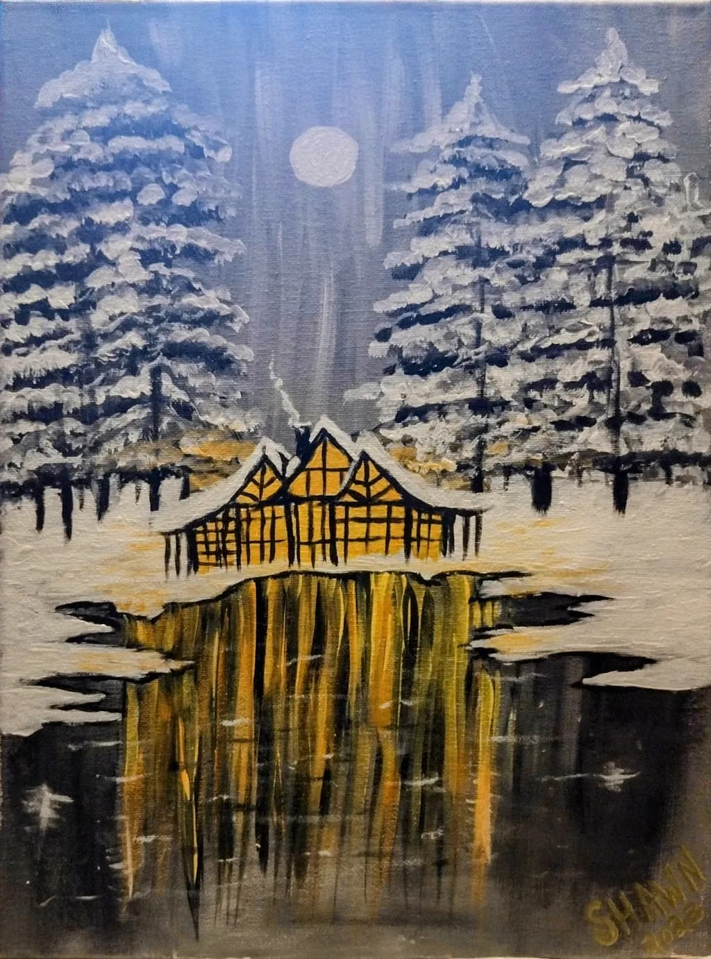Moonlit Cabin Reflection