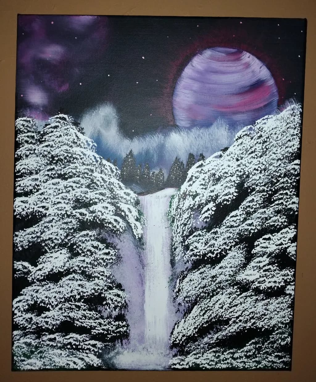 Snowy Waterfall Under Purple Planet