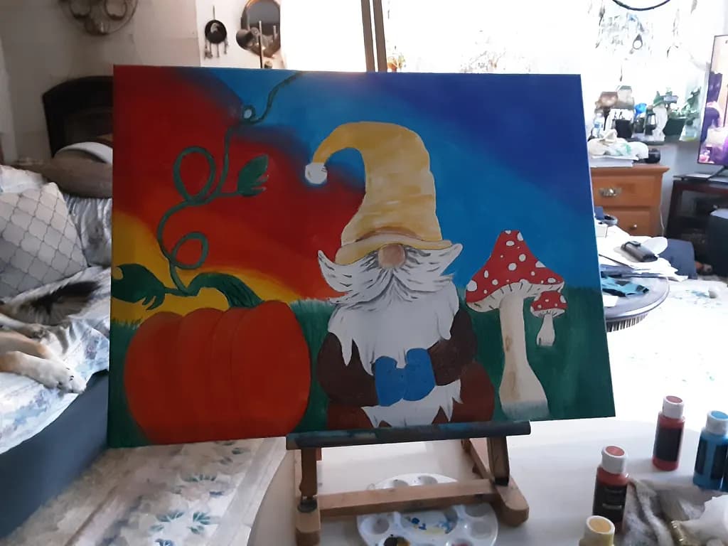 Gnome, Pumpkin, and Mushrooms