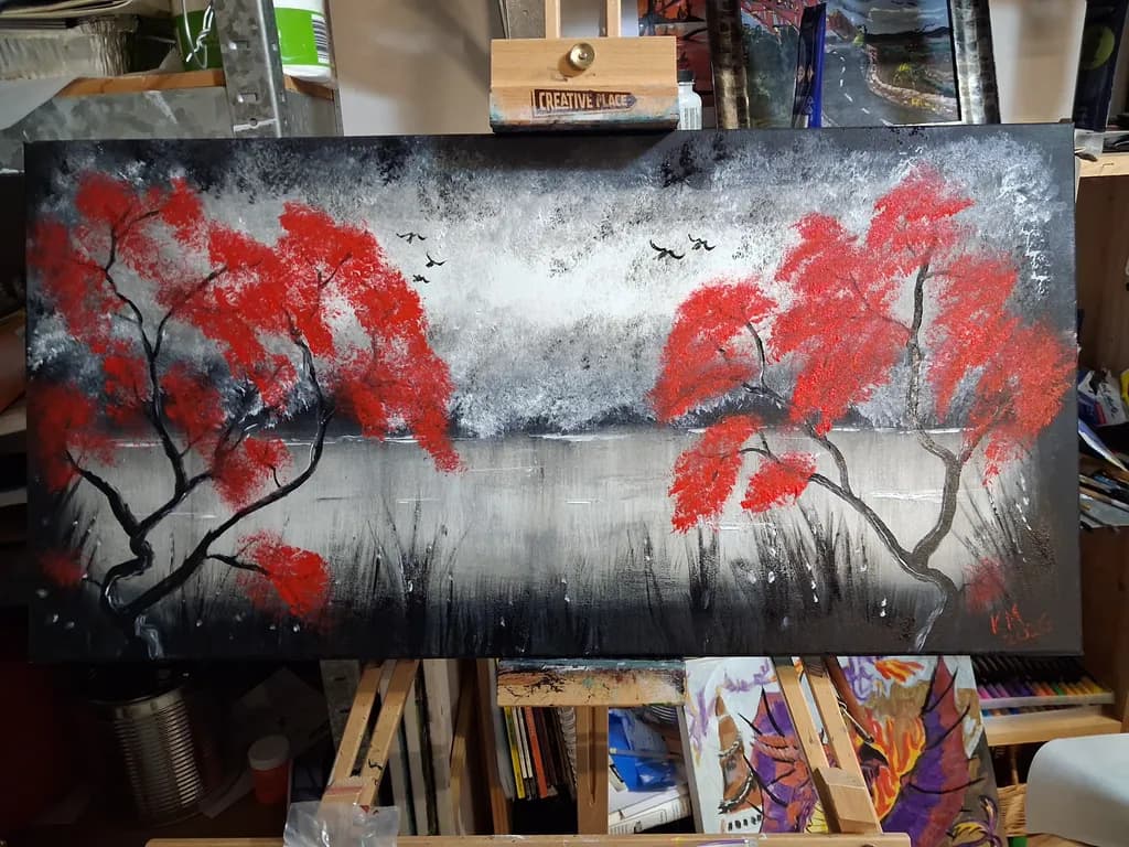 Red Trees by the Lake