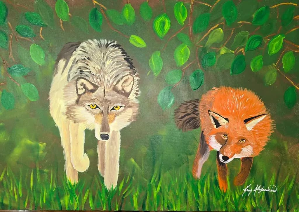 Wolf and Fox in Forest
