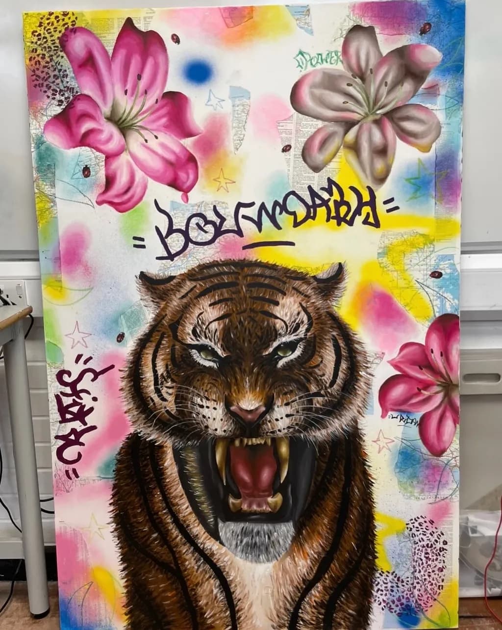 Roaring Tiger with Lilies