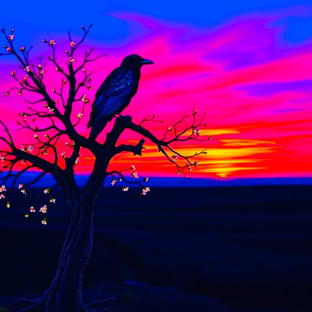 Sunset Crow on Blossom Tree