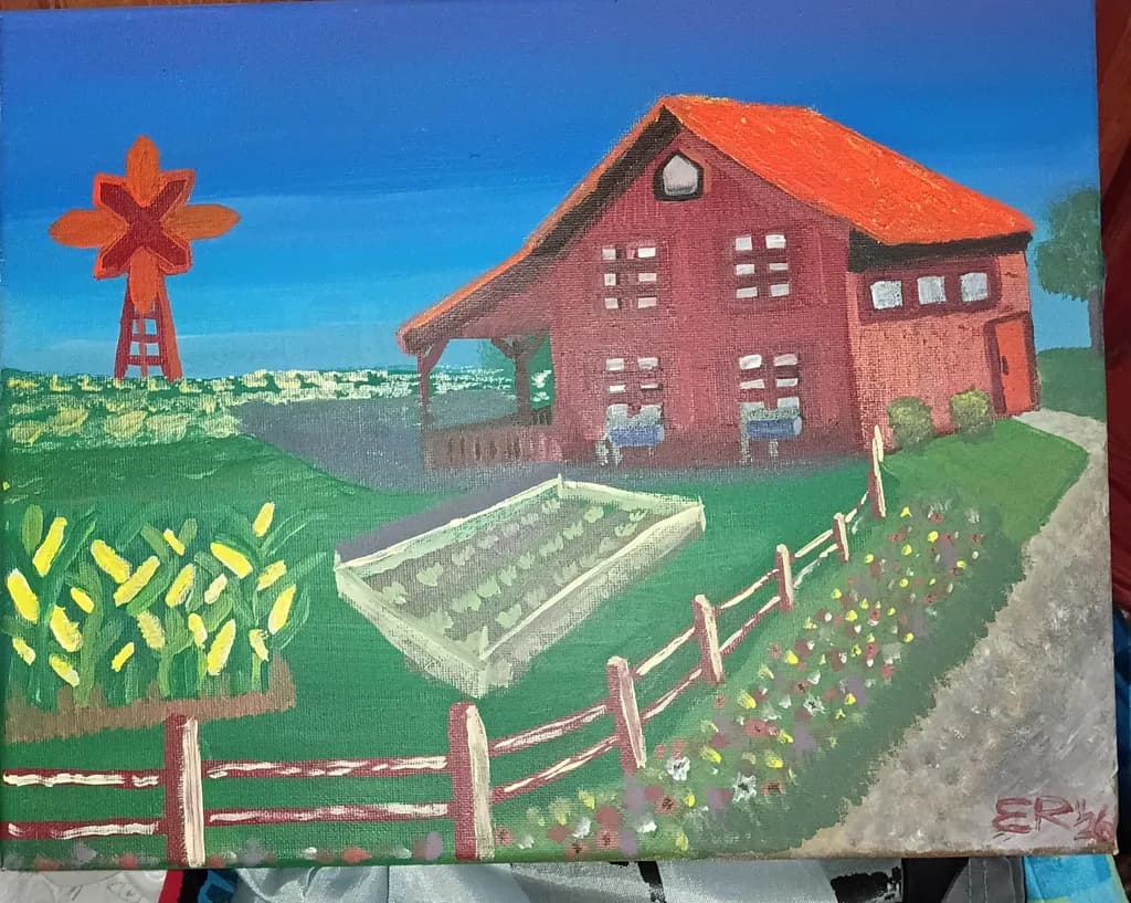 Red Farmhouse and Windmill