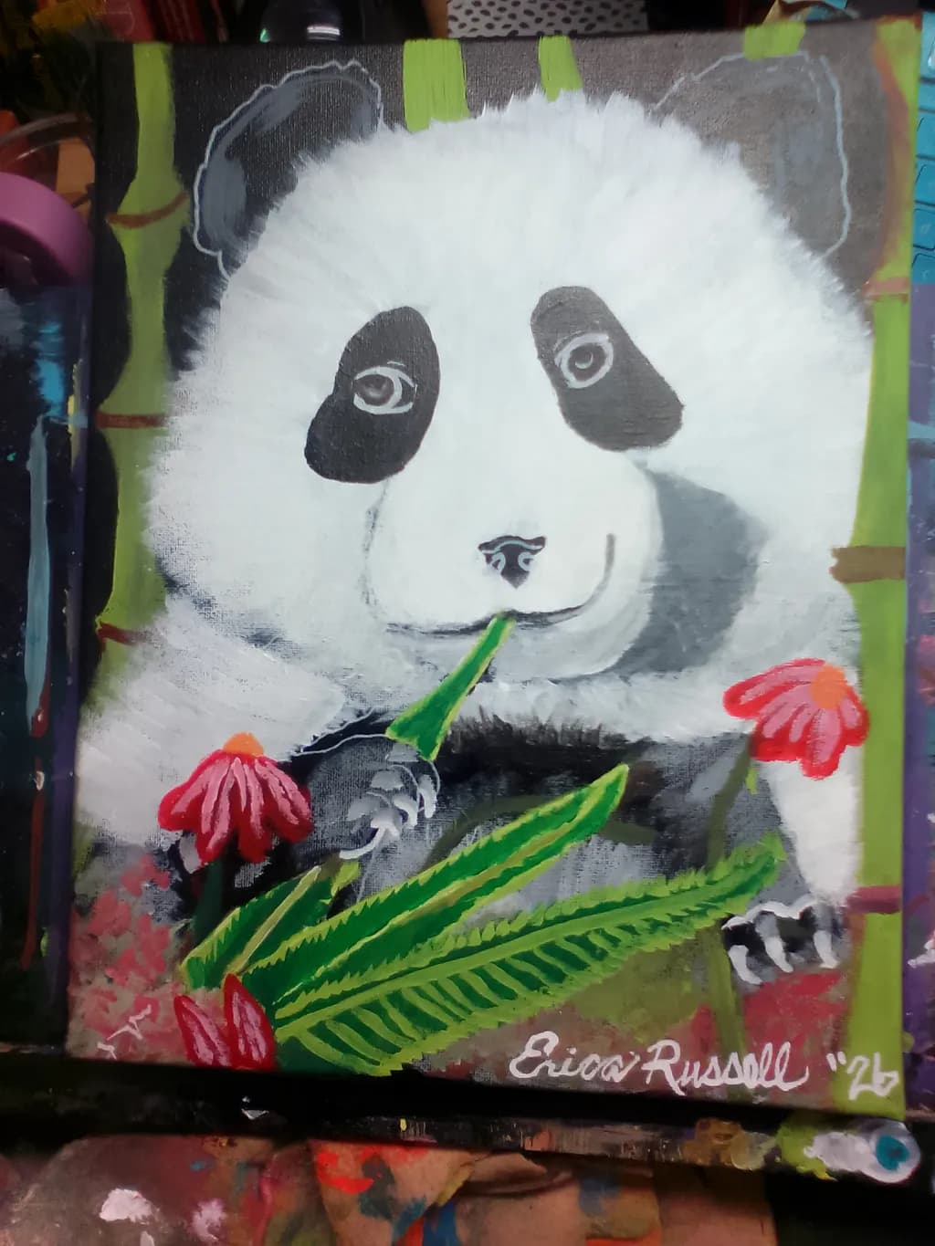 Panda with Bamboo and Flowers