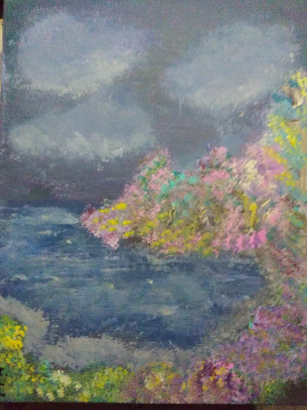 No clear subject nouns are present in the filename. Based on the image, a suitable title is: Lakeside Blossoms