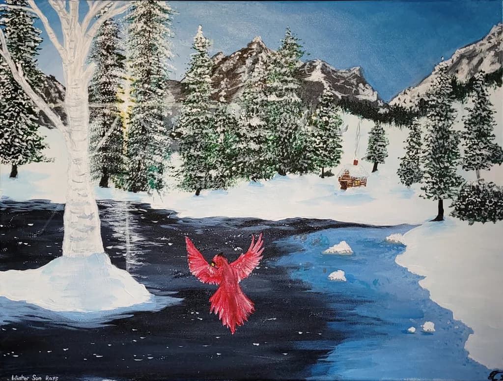 Winter River with Cardinal