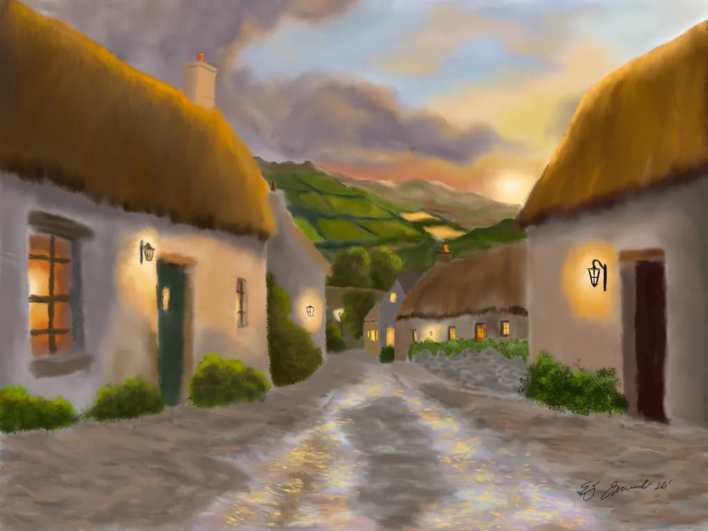 Thatched Cottages at Sunset