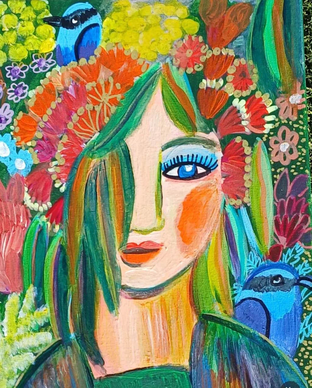 Colorful Portrait with Birds and Flowers