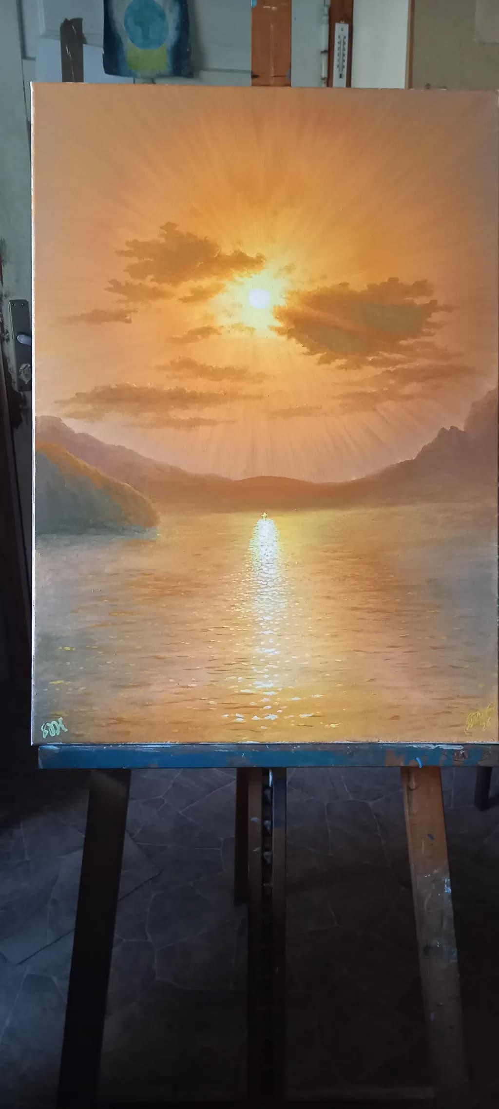 Sunset Over Lake and Mountains