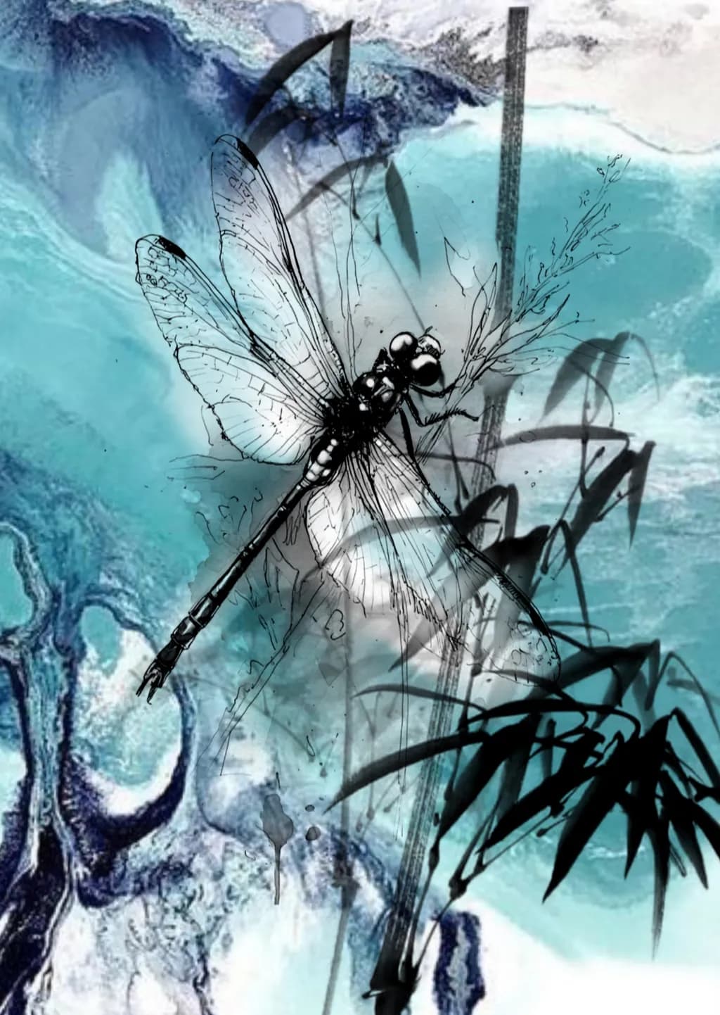 Dragonfly Over Abstract Blue